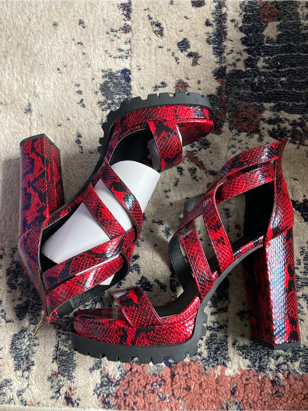 Wild Diva Red Snakeskin Platform Block Heel Sandals
